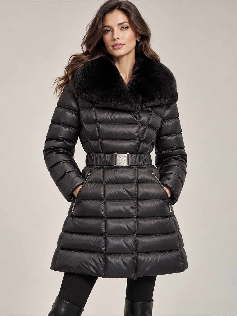 Dawn Levy Black Quilted Puffer Coat with Premium Down and Fur Collar - S